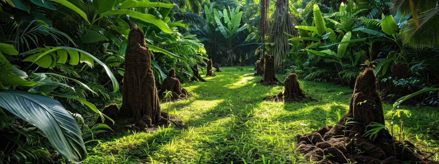 a lush green garden in hilo overtaken by termite mounds, showcasing the destructive impact of termites in tropical climates.