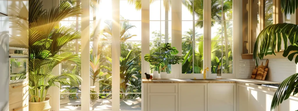 a bright, airy kitchen with lush, tropical plants surrounding the windows, showcasing moisture-resistant materials and effective ventilation to prevent wood rot and mold in a hilo home.