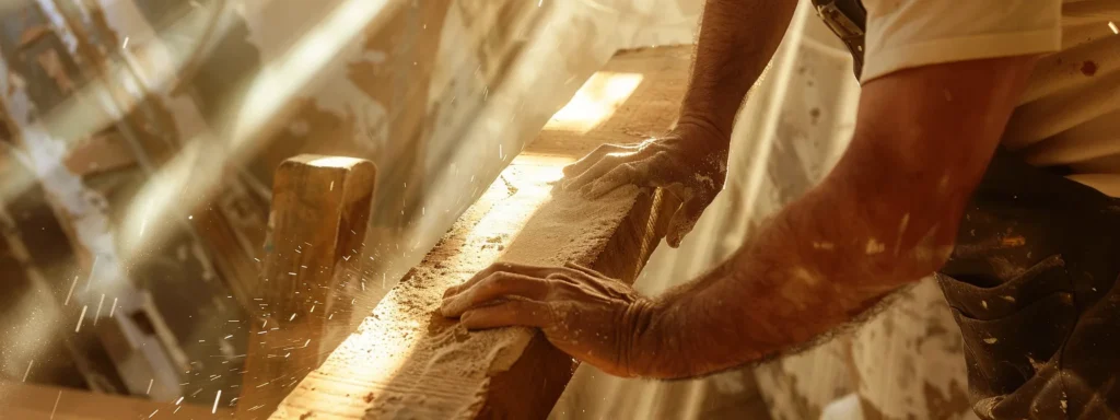 a carpenter carefully sanding and varnishing a weathered wooden beam in a sunlit room.