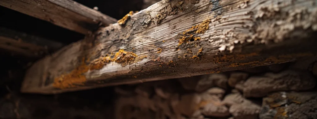 a close-up photo of a damp, moldy spot on a wooden beam in a dimly lit room, highlighting the early signs of wood rot.