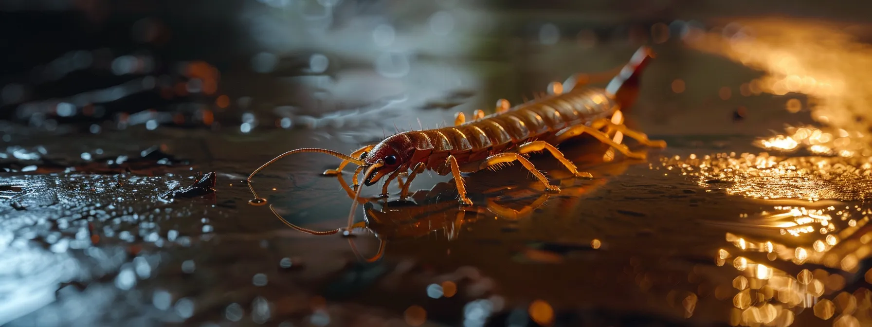 a close-up shot of a centipede lurking in the dark, damp corners of a hilo home.