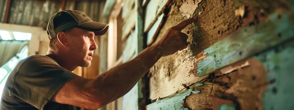 a professional home inspector pointing out wood rot and moisture damage in a hawaiian home, offering expert advice on preventative maintenance.