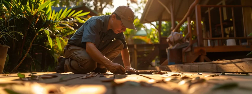 a skilled home inspector examining a weathered wooden deck under the hawaiian sun, uncovering signs of potential wood rot and moisture damage.