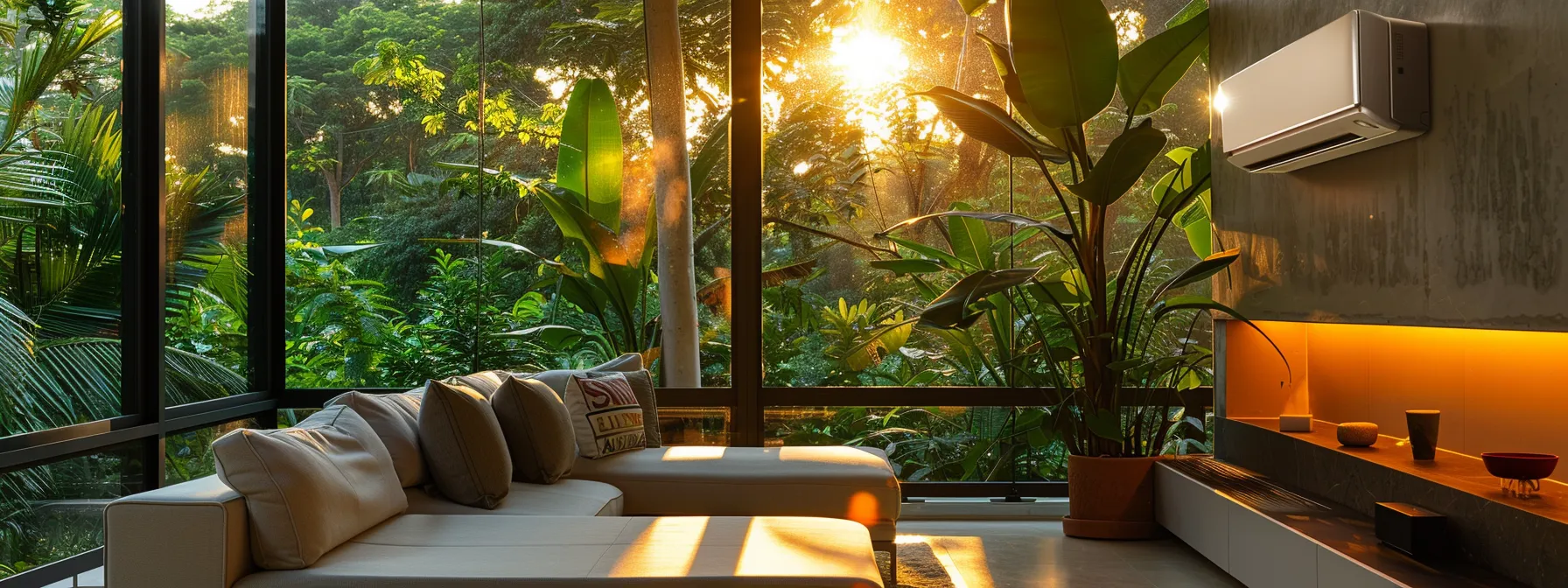 a sleek and modern air conditioning unit installed in a spacious living room with large windows overlooking lush green tropical foliage.