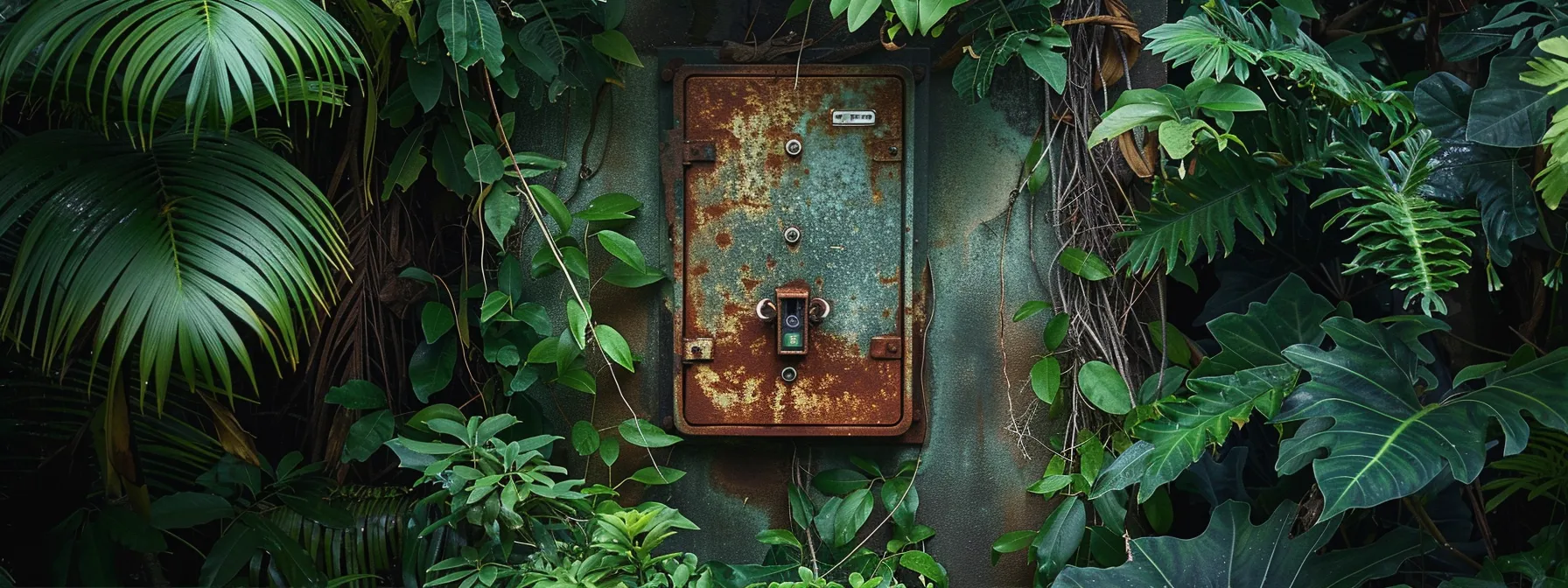 a sturdy outdoor electrical box covered in rust-proof coating and surrounded by lush greenery, braving the humid and salty air to protect hilo homes.