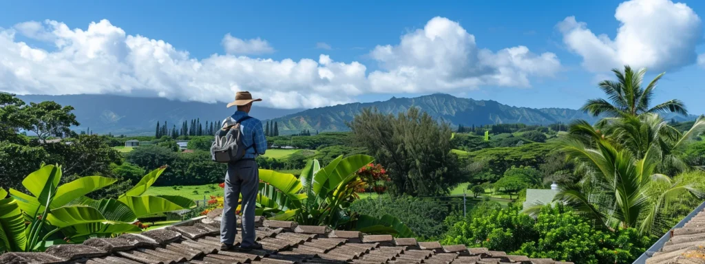 a home inspector meticulously examines a hilo roof, checking for signs of mildew and structural issues, with the lush green landscape of hawaii in the background.