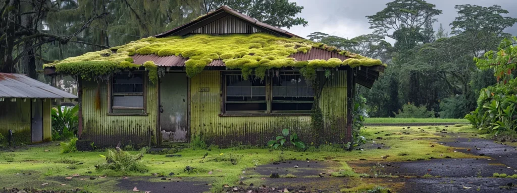 a roof covered in moss and algae, showing the visible impact of hilo's heavy rainfall on a home in need of maintenance.