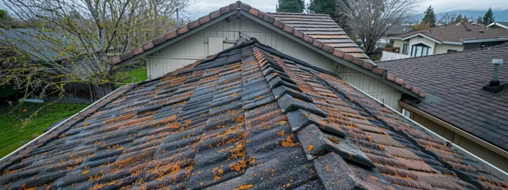 a roof with mold and mildew growth, damaged shingles, and water stains, showcasing signs of rain damage.