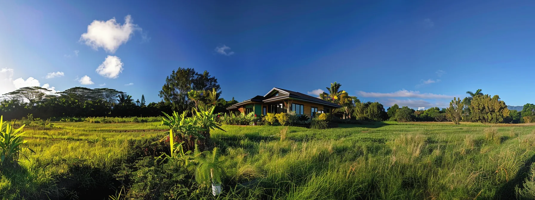 a sturdy, hurricane-proof home sitting amidst lush greenery under a clear, blue sky on the big island.