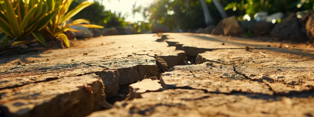 a cracked, sunlit foundation of a tropical hawaiian home being inspected for maintenance and repair.