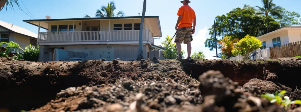 a home inspector examining the foundation of a house under the vibrant hawaiian sun, ensuring a thorough and reliable evaluation for a concerned homeowner in hilo.