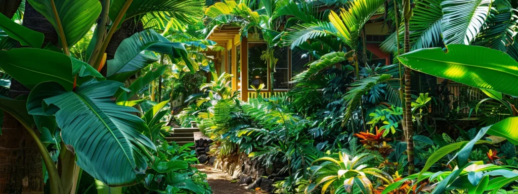 a lush hawaiian home surrounded by vibrant greenery, showcasing a sturdy foundation and modern air conditioning units to combat the humid climate of hilo.