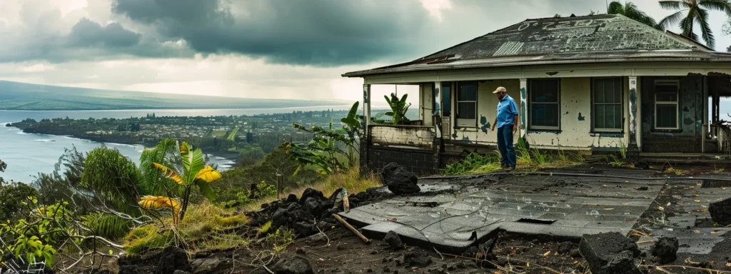 a meticulous home inspector in hawaii scrutinizing a rain-damaged residence overlooking hilo bay. 🏠🔍