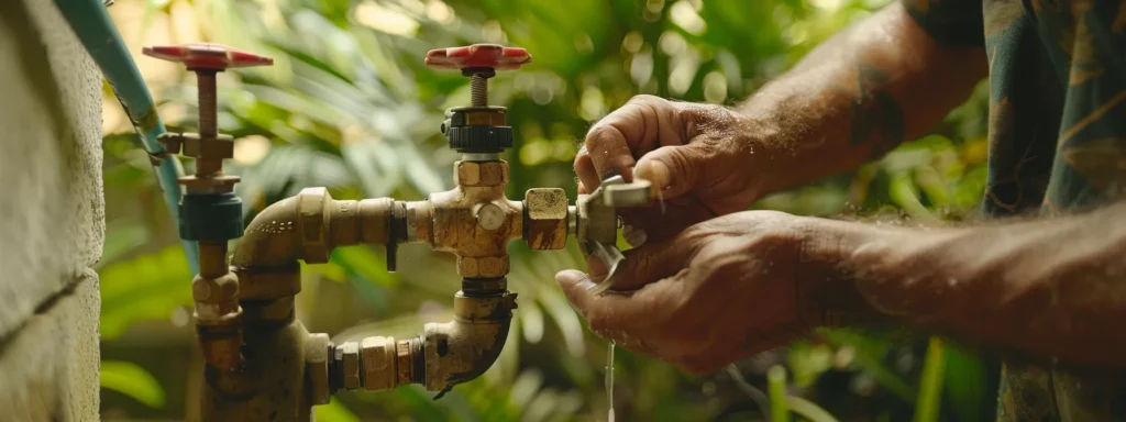 a plumber carefully adjusting a pressure-regulating valve to maintain water pressure in a tropical home.