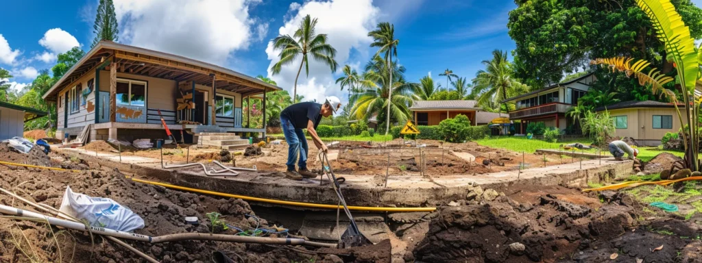 a professional home inspector carefully scrutinizing the foundation of a tropical home in hilo, hawaii.