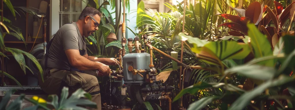 a professional plumber inspecting a well-maintained plumbing system in a tropical backyard setting.