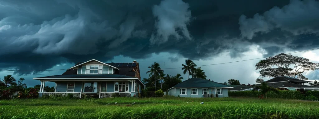 reinforcing a house in hilo with storm shutters and impact-resistant windows as dark clouds gather overhead.