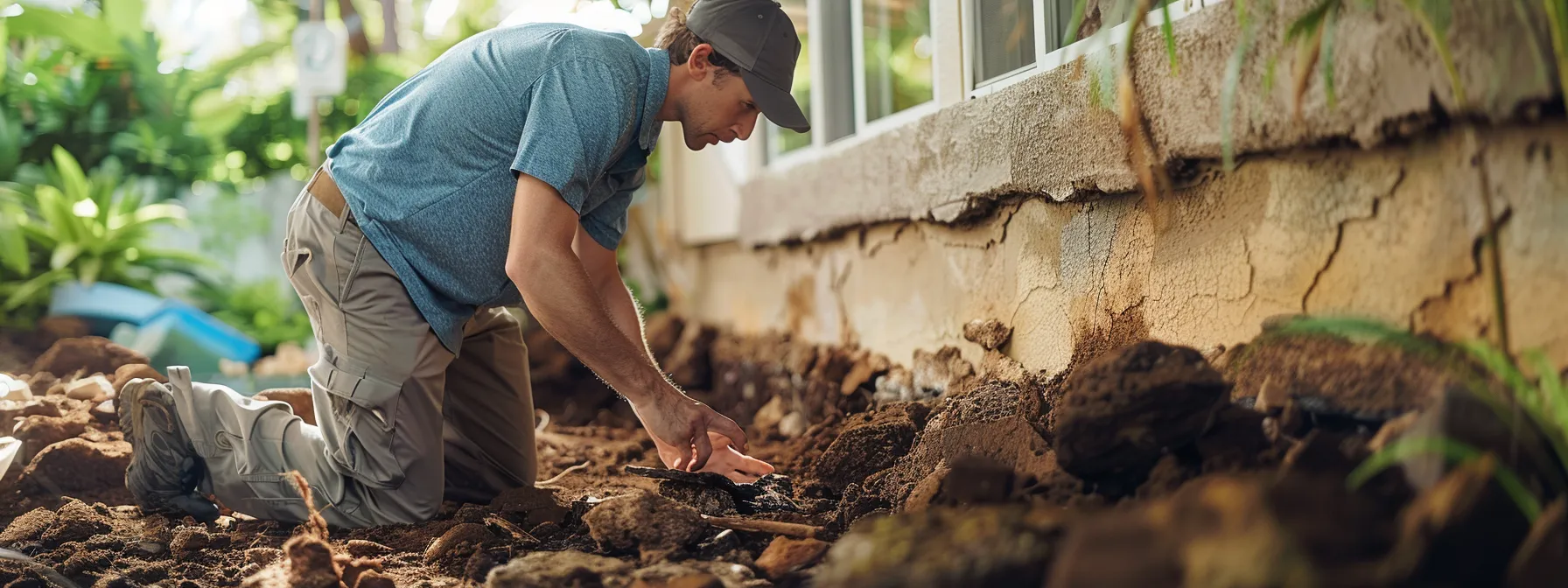 a skilled home inspector carefully examining a cracked and shifting tropical hawaii home foundation.