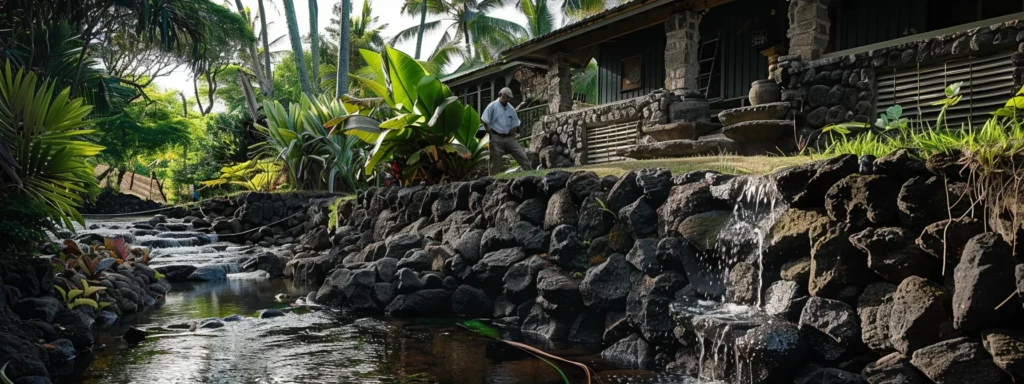 a skilled home inspector in hilo meticulously examines a tropical hawaiian home's foundation for potential issues.