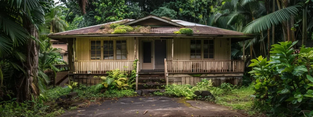 a tropical hilo home surrounded by lush greenery, with a cracked foundation and uneven floors, highlighting the importance of proper drainage systems and regular inspections.