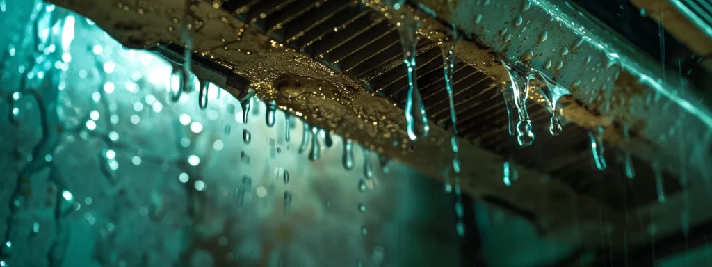 a water-damaged air conditioning unit dripping with condensation in a tropical climate.