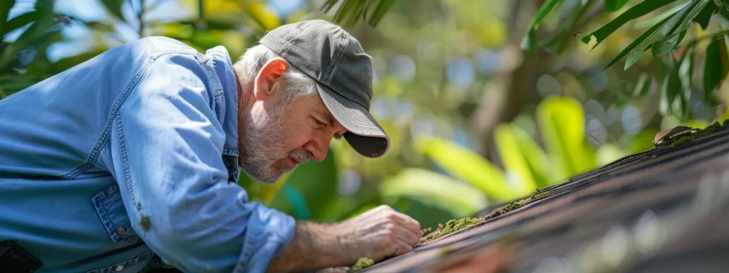 a focused hilo home inspector examines the roof for signs of hurricane damage, showcasing expertise and attention to detail.