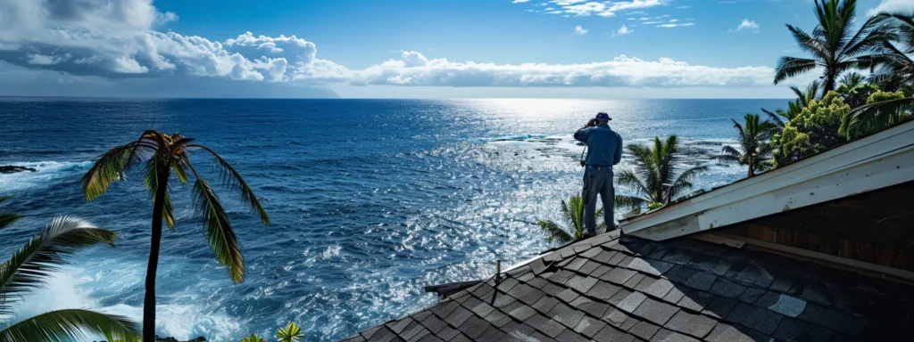 a home inspector carefully examining a sturdy roof overlooking the ocean in hilo, preparing for hurricane season.