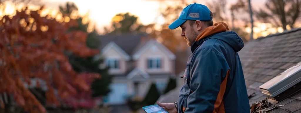 a home inspector meticulously examining a roof with worn shingles, clogged gutters, and damaged flashing.