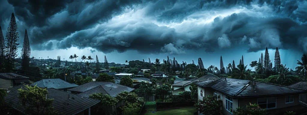 a tropical storm brewing off the coast of hilo, with dark clouds swirling ominously overhead, highlighting the vulnerable rooftops and windows of coastal homes.