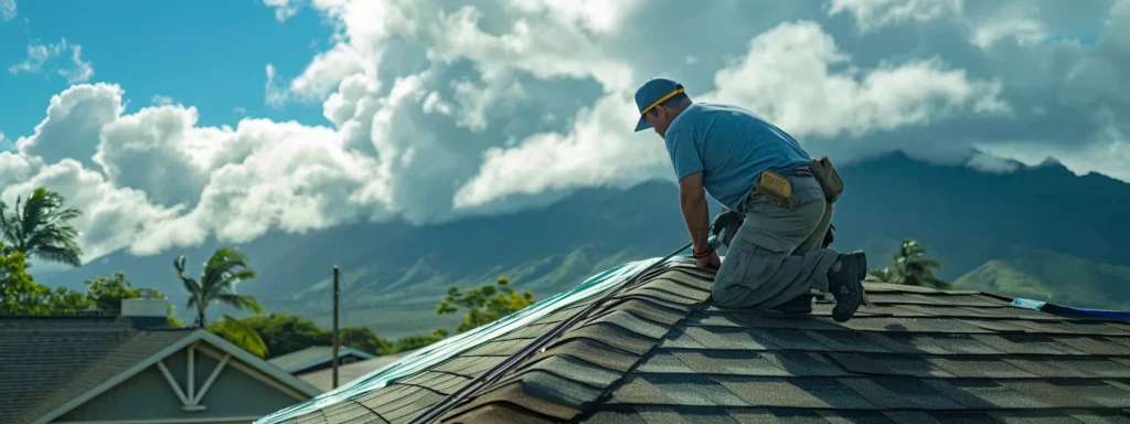 an inspector carefully examining a roof in hilo, meticulously checking every shingle and heat pump for potential rain damage.